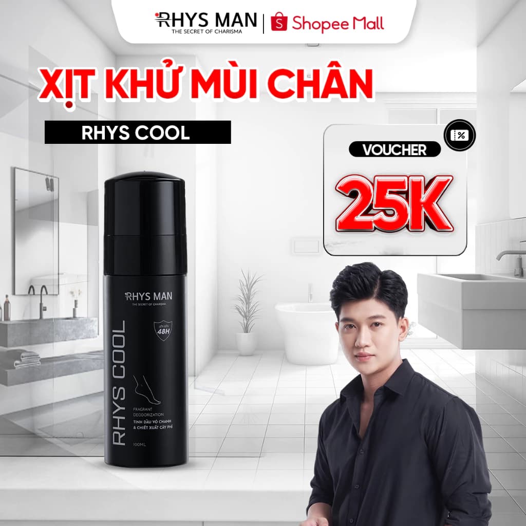 Xịt khử mùi chân 48h RHYS MAN tinh dầu vỏ chanh kiểm soát mùi và ngăn mồ hôi chân Rhys Cool 100ml