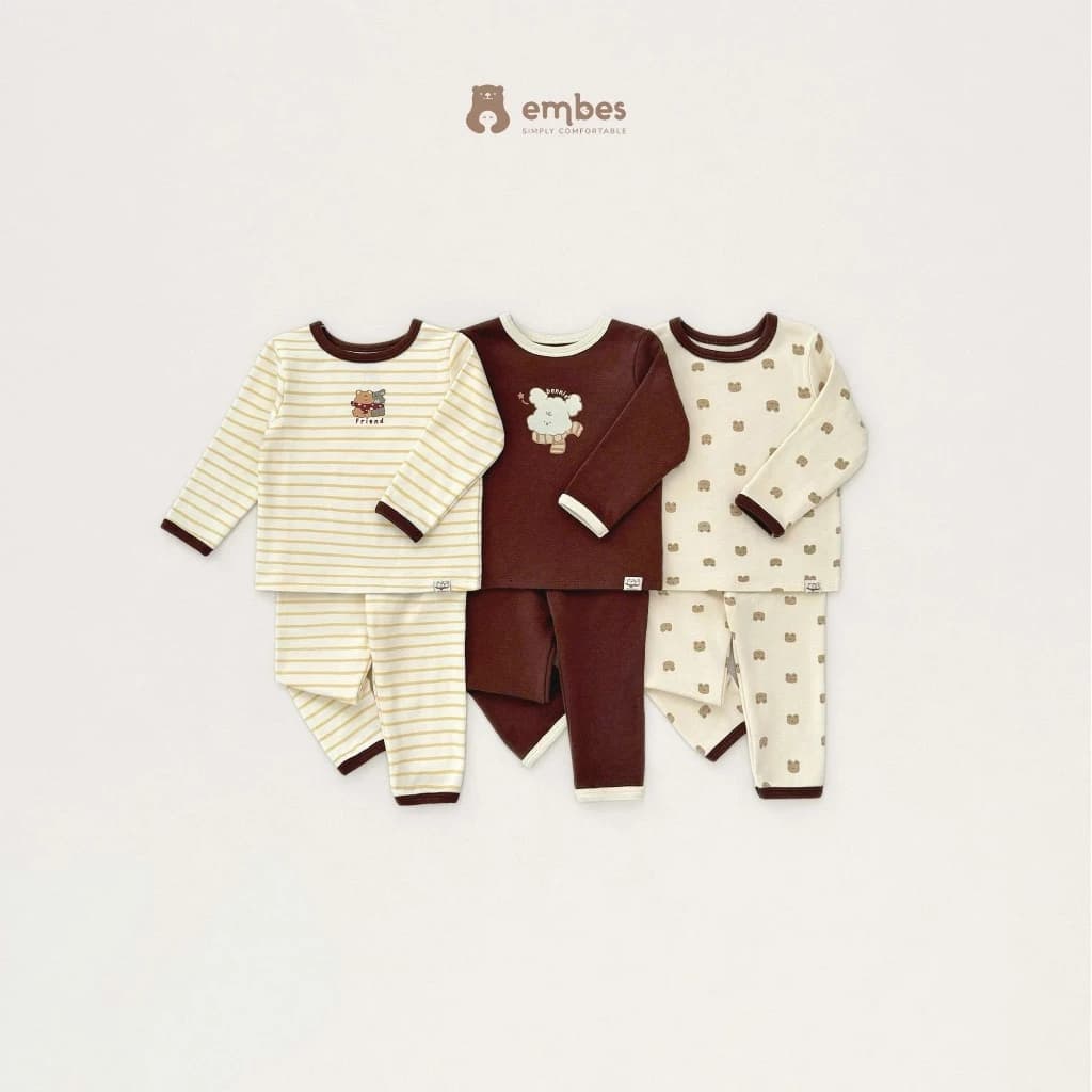 Đồ Bộ Cho Bé Embes, Bộ Quần Áo Dài Tay Họa Tiết Gấu Chất Cotton Mềm Ấm Cho Bé Trai Bé Gái Từ 8-18Kg