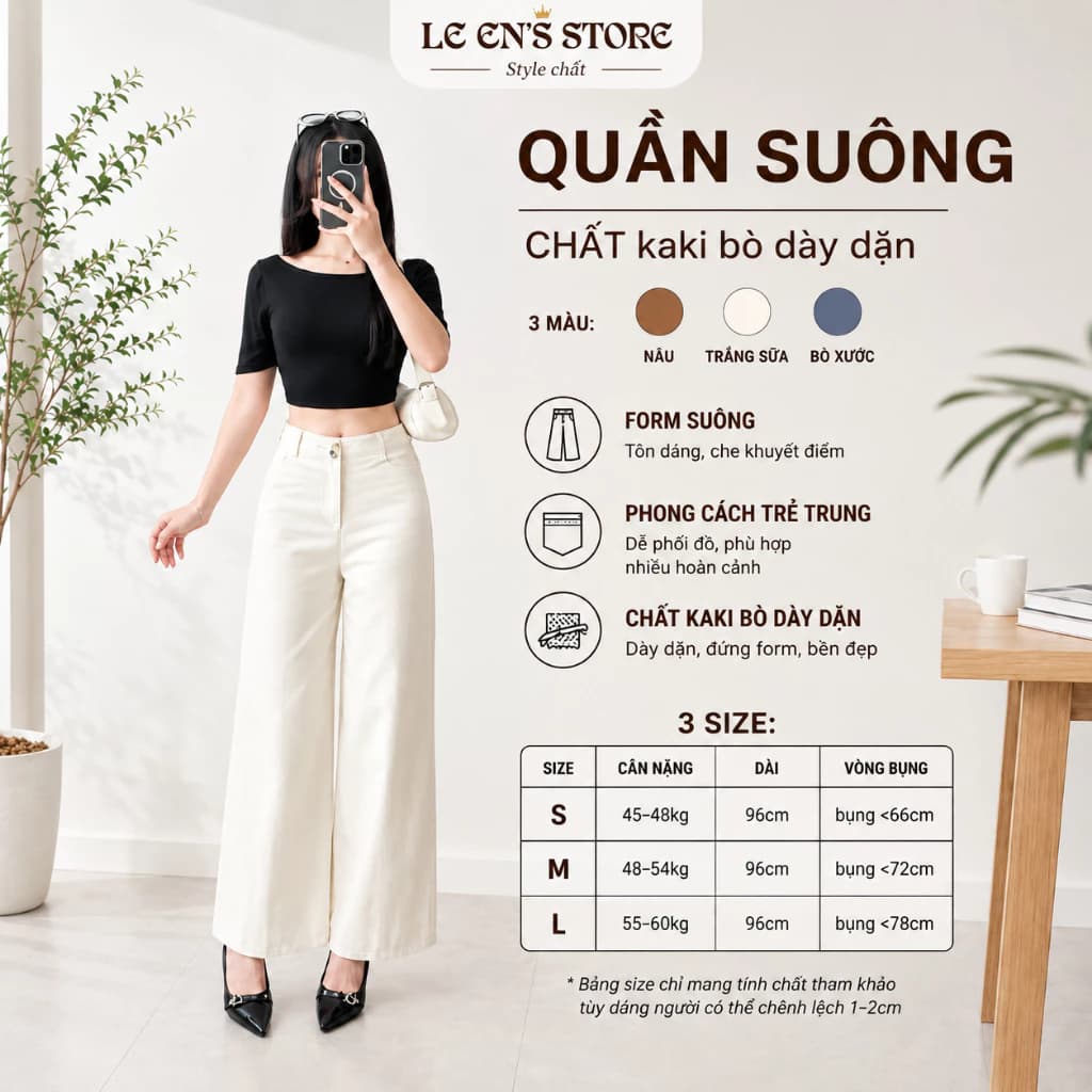 Quần ống suông nữ chất kaki bò xịn, quần ống rộng dáng dài tôn dáng đi học đi làm
