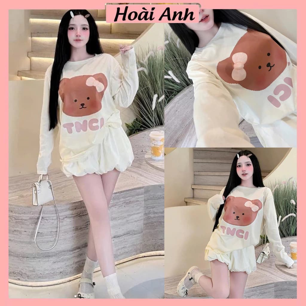Set Bộ Đồ Nữ Áo Thun Giấy Vàng Kem Dài Tay In Gấu Nâu TNCI Cổ Tròn Mix Quần Sooc Đùi Ống Bí Phồng