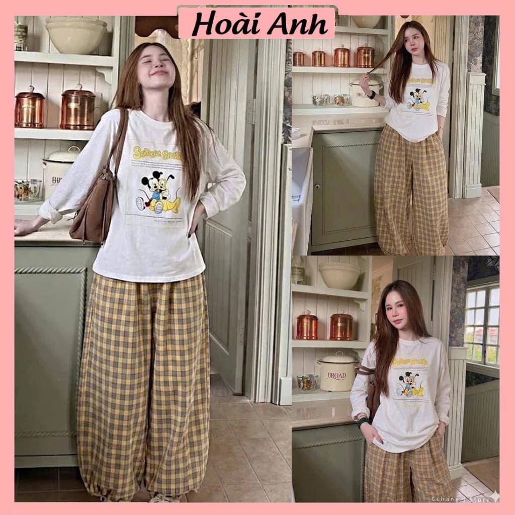 Set Bộ Đồ Nữ Áo Thun Giấy Trắng Dài Tay In Chuột Mickey SÊREIN SINIHB Mix Quần Dài Kẻ Caro Vàng  Dáng Jogger