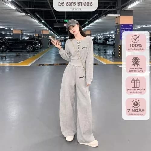 Bộ nỉ nữ thêu Leen’s quần suông áo bomber nhẹ chất nỉ cotton dày dặn, set đồ nữ thu đông thời trang