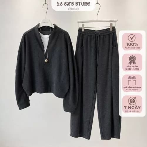 Bộ nỉ nữ form suông áo form rộng cổ cao kéo khóa chất nỉ len lông cao cấp dày dặn ấm áp 3 màu