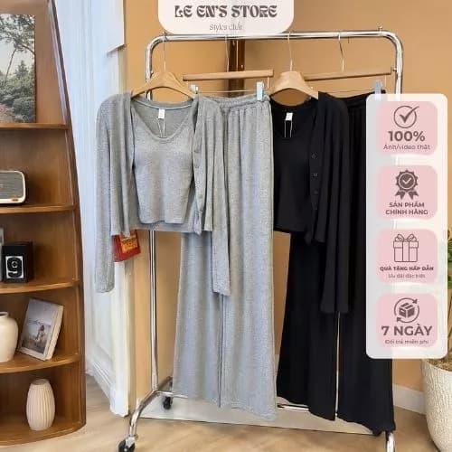 Set đồ nữ 3 món quần suông áo croptop cardigan chất thun cotton co giãn 4 chiều dày dặn 3 màu