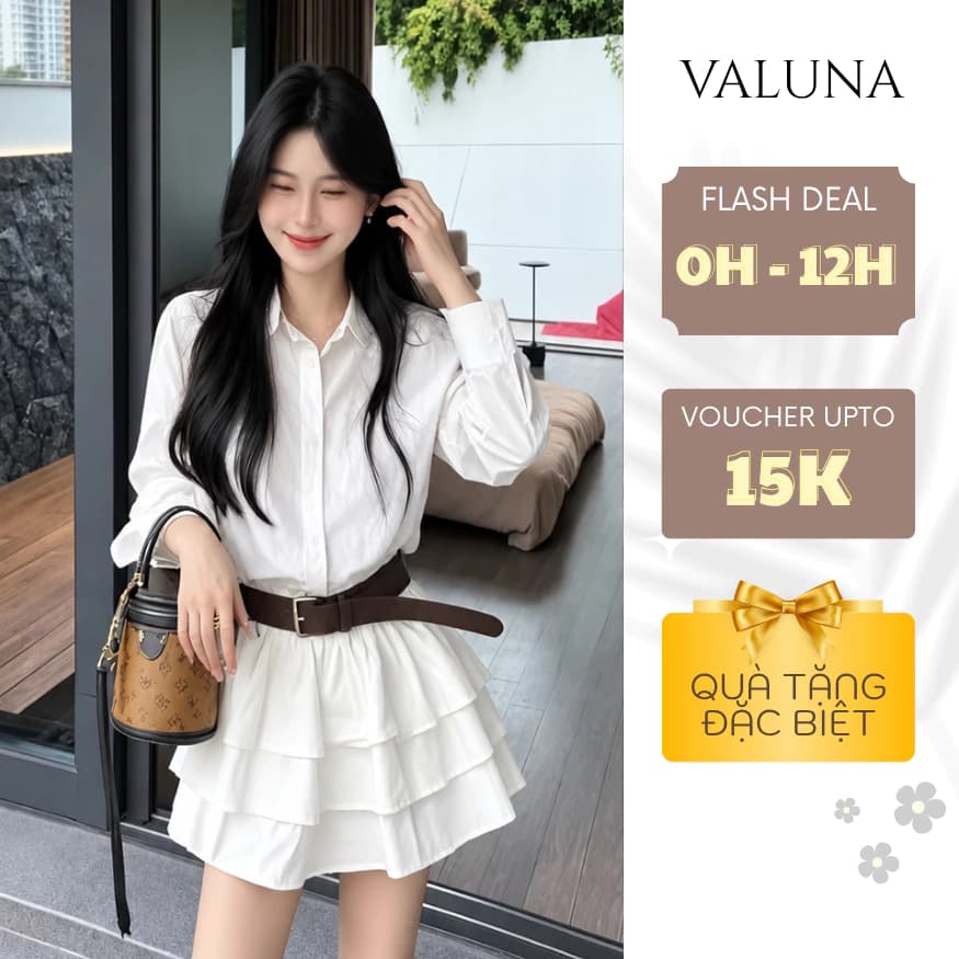 Váy sơ mi nữ chất thô túi ngực tay dài kèm đai eo chân váy bèo tầng trẻ trung VALUNA STORE 2774