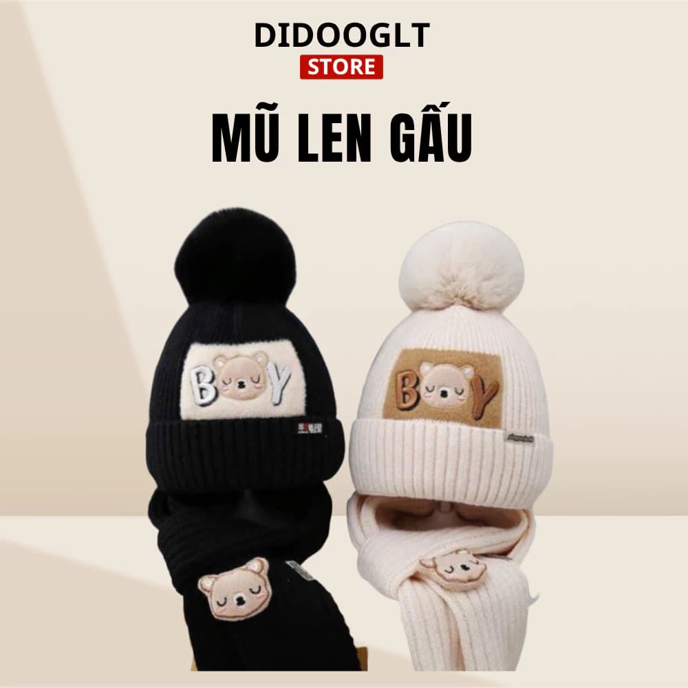 Bộ Mũ Len Gấu Kèm Khăn Quàng Cổ Cho Bé Siêu Ấm Cực Xinh Phong Cách Hàn Quốc (Didooglt)
