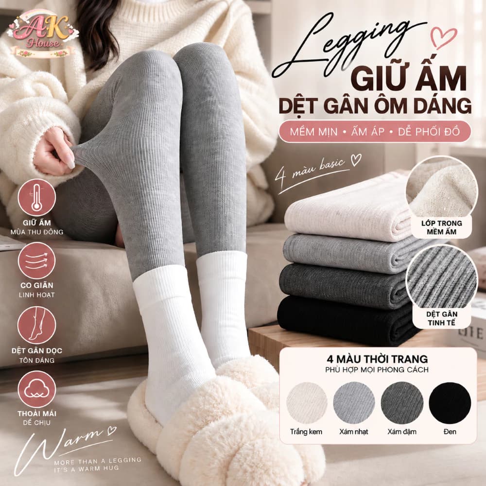 Quần Legging Nữ Dệt Gân Giữ Ấm AK HOUSE Co Giãn Ôm Chân Cạp Cao Thu Đông 4 Màu Basic QT4