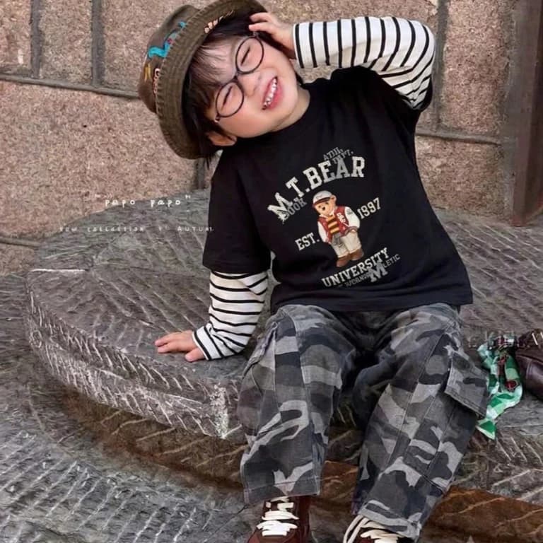 Áo thun dài tay MT bear phối tay kẻ cho bé trai bé gái 9-20kg