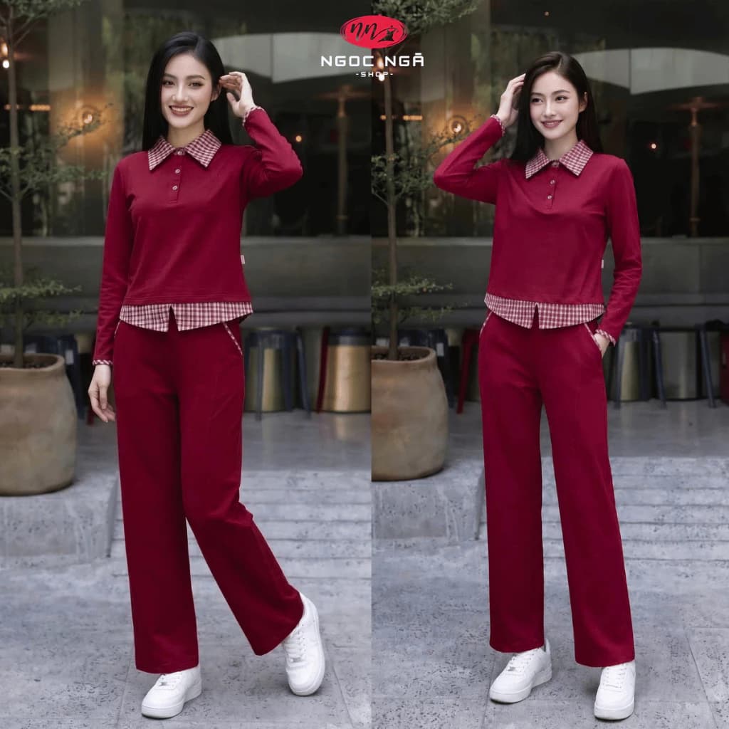 Bộ Đồ Nữ Cotton KELIVY Áo Polo Cổ Kẻ Caro Quần Dài Có Túi Cạp Chun - KL26235