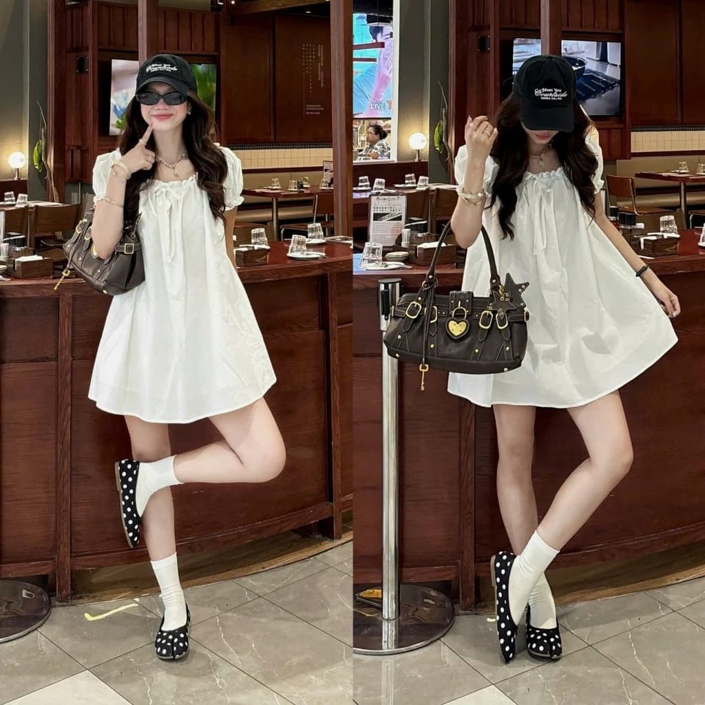 (ẢNH OLDSCHOOL) Váy babydoll cổ U nhún ngực V3844 Collin Dress