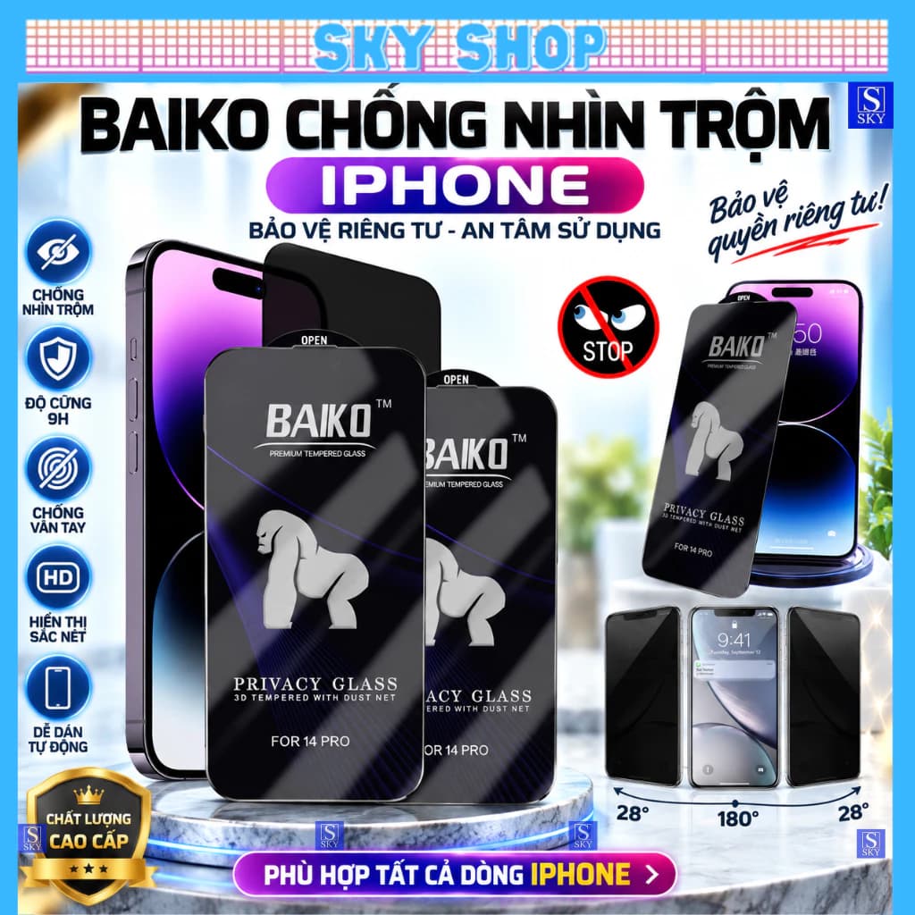 Cường lực chống nhìn trộm baiko iphone 17 ProMax 17 Air 16 ProMax 15 11 promax 12 13 14 promax x xr xs max 7 8 plus