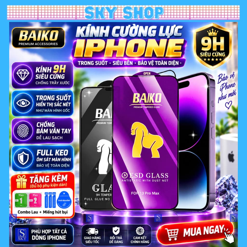 Cường lực Baiko Tím cho iphone 18 ProMax 17 ProMax 17 Air 16 ProMax 15 ProMax 14 13 12 11 ProMax Xs Max xr x 7 8 plus