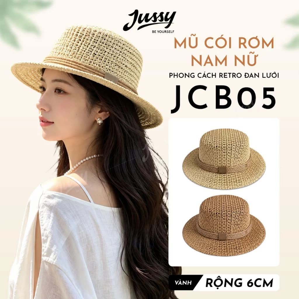 Mũ Cói Rơm Nam Nữ JCB05 Jussy Official Nón Cói Đan Lưới Thoáng Khí Che Nắng Phong Cách Retro Vintage Đi Biển Du Lịch