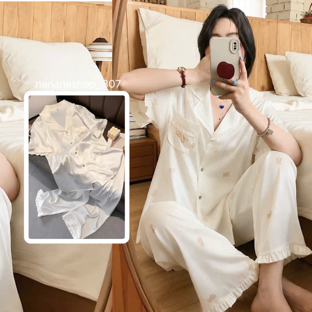 [CAO CẤP] Bộ đồ bộ nữ lụa mát mặc ở nhà cộc đùi tay ngắn quần dài pijama đẹp dễ thương