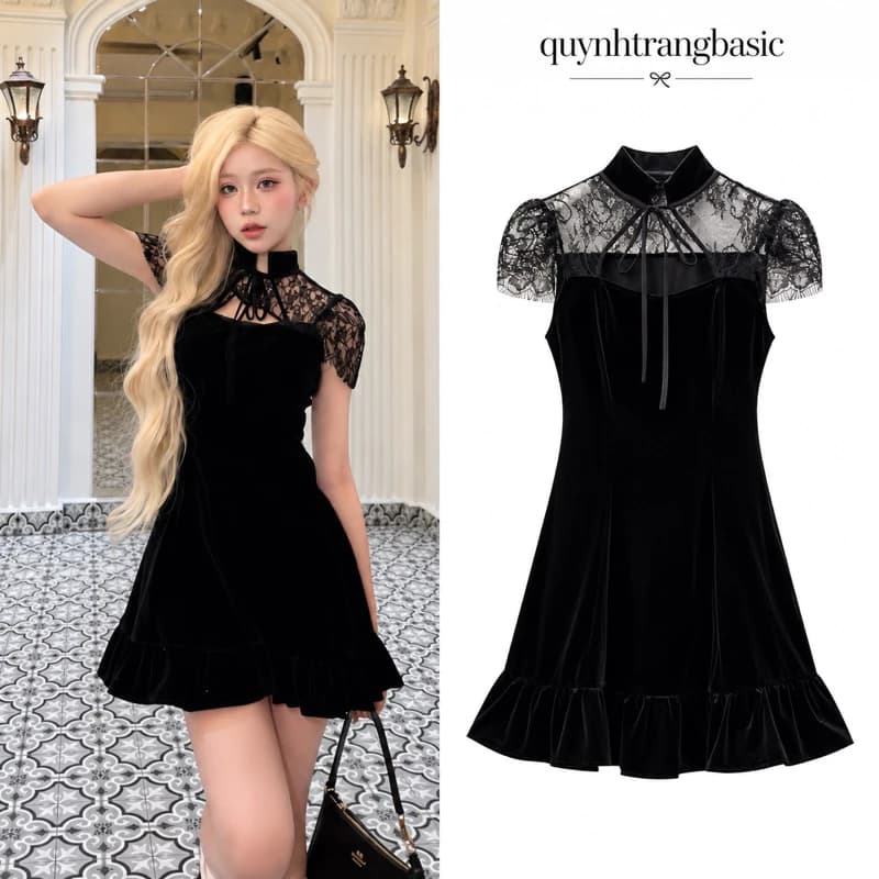 Yena Dress / Đầm Đen Ren Cổ Nơ Tiểu Thư Tay Ngắn Dáng Xòe Thanh Lịch By QuynhTrangBasic