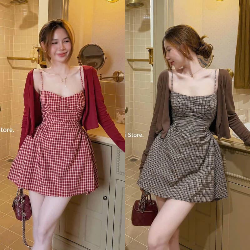 Set Váy 2 Dây Kẻ Có Đệm Ngực Mix Áo Khoác Cardigan Kèm Quần Bảo Hộ MS159
