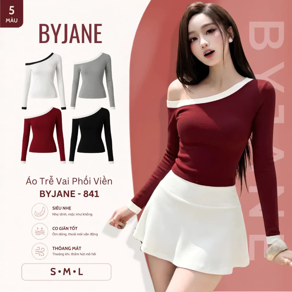 [ MÀU MỚI ] Áo Thun Trễ Vai Tay Dài Phối Viền siêu co dãn mềm mịn - BYJANE - 841