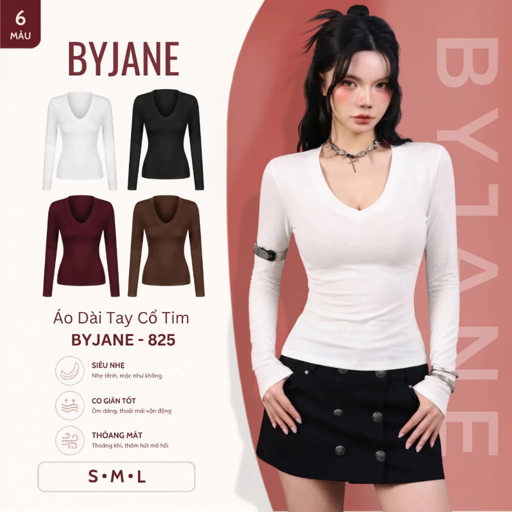 [ MÀU MỚI ] Áo Thun Cổ Tim Dài Tay Ôm Body Co Dãn 4 Chiều BYJANE-825