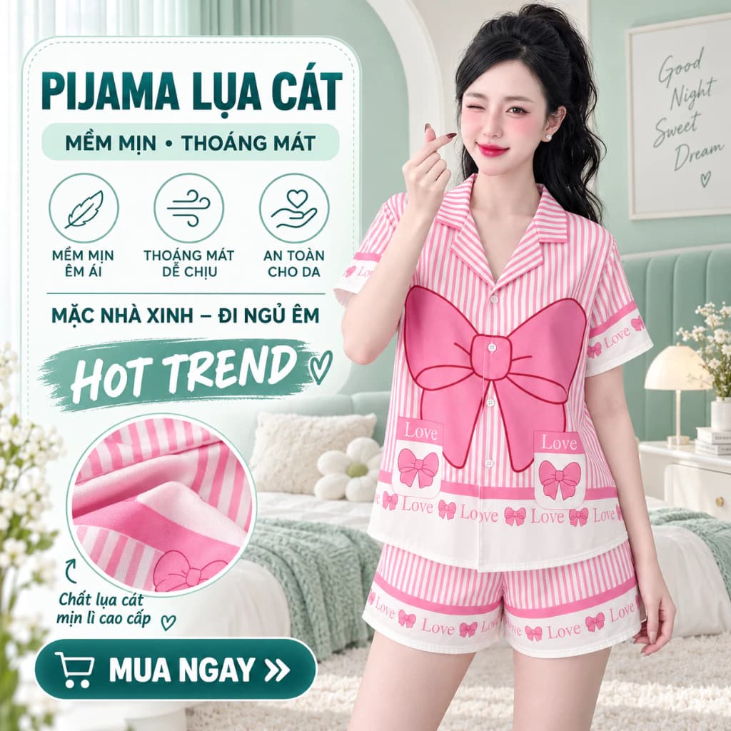 Bộ Đồ Ngủ Nữ Pijama Lụa Cát Tay Ngắn Quần Cộc Mềm Mịn Thoáng Mát Đồ Bộ Mặc Nhà Nữ Dễ Thương