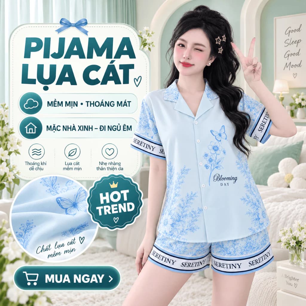 Bộ Pijama Nữ Lụa Cát Áo Cộc Tay Quần Đùi Mặc Nhà Mùa Hè Mềm Mát Form Rộng Dễ Thương Sang Chảnh