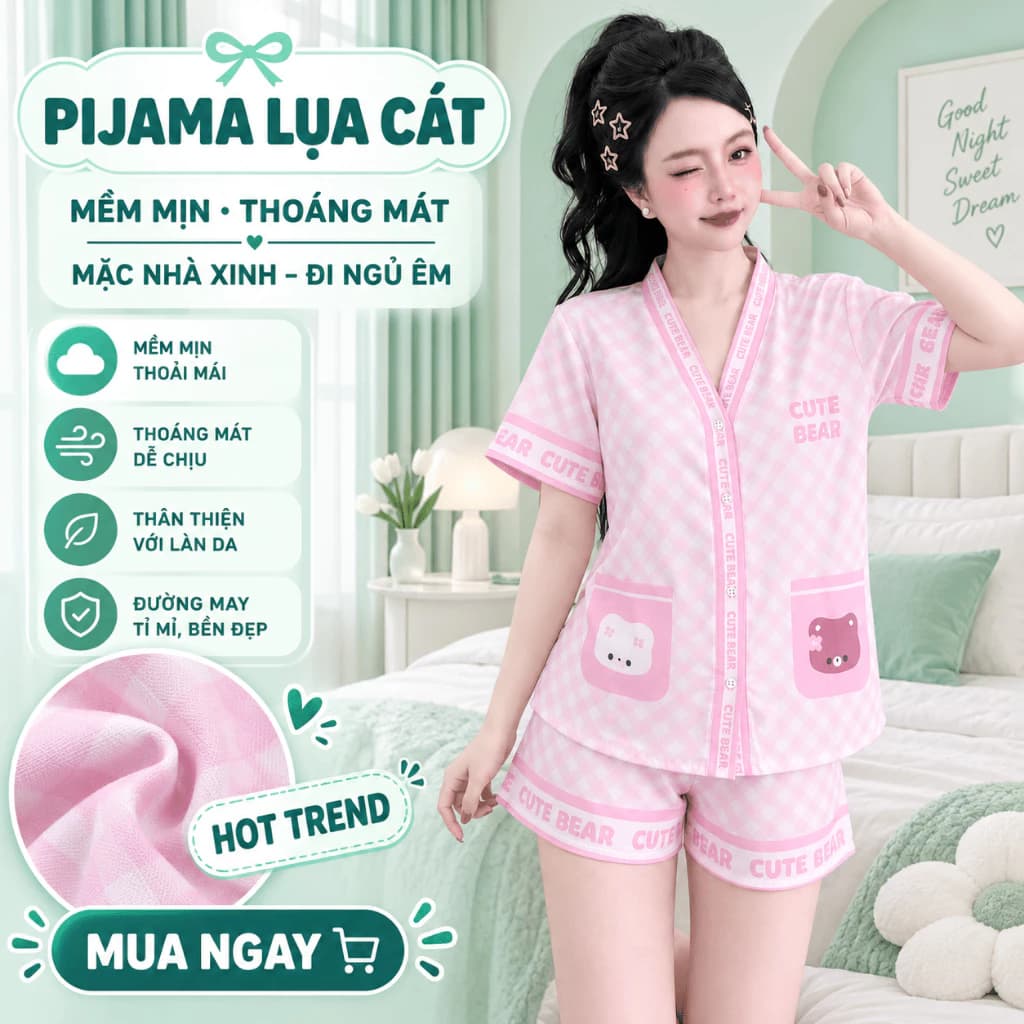 Bộ Đồ Ngủ Nữ Pijama Lụa Cát Tay Ngắn Quần Cộc Mềm Mịn Thoáng Mát Mặc Nhà Siêu Xinh