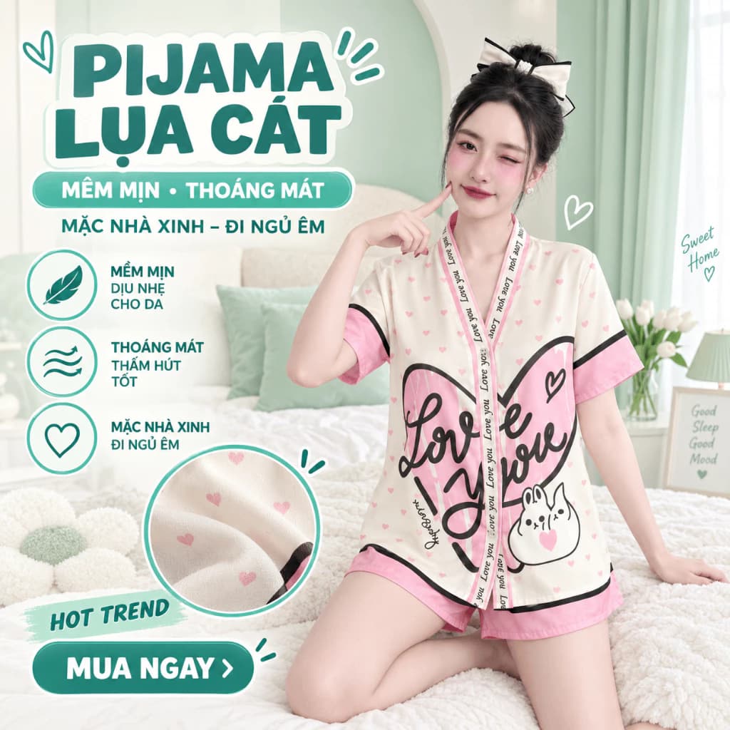 [HOT] Bộ Đồ Mặc Nhà Nữ Lụa Cát Tay Ngắn Quần Cộc Thoáng Mát Form Rộng Pijama Ngủ Mùa Hè Xinh Xắn