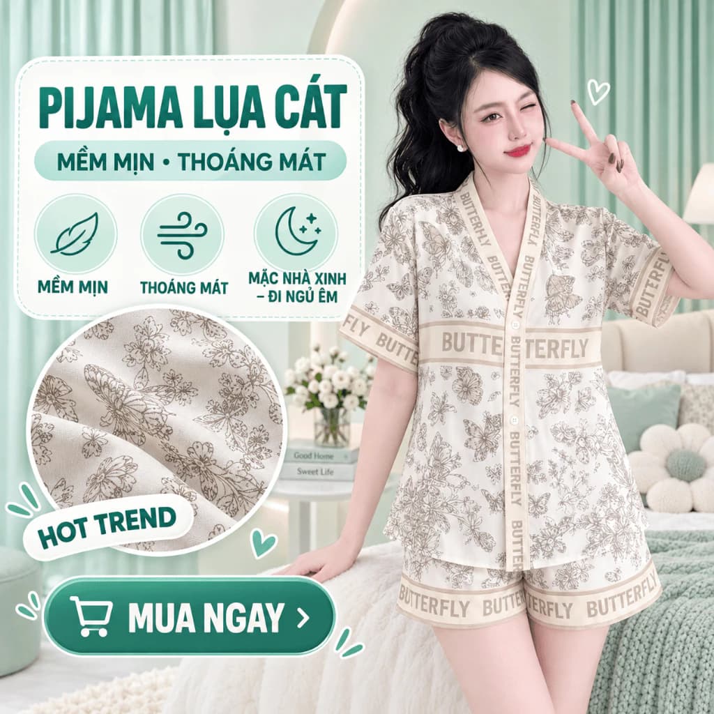 Set Lụa Pijama mặc nhà cổ Y mềm mịn thoáng mát đủ size 40-68kg