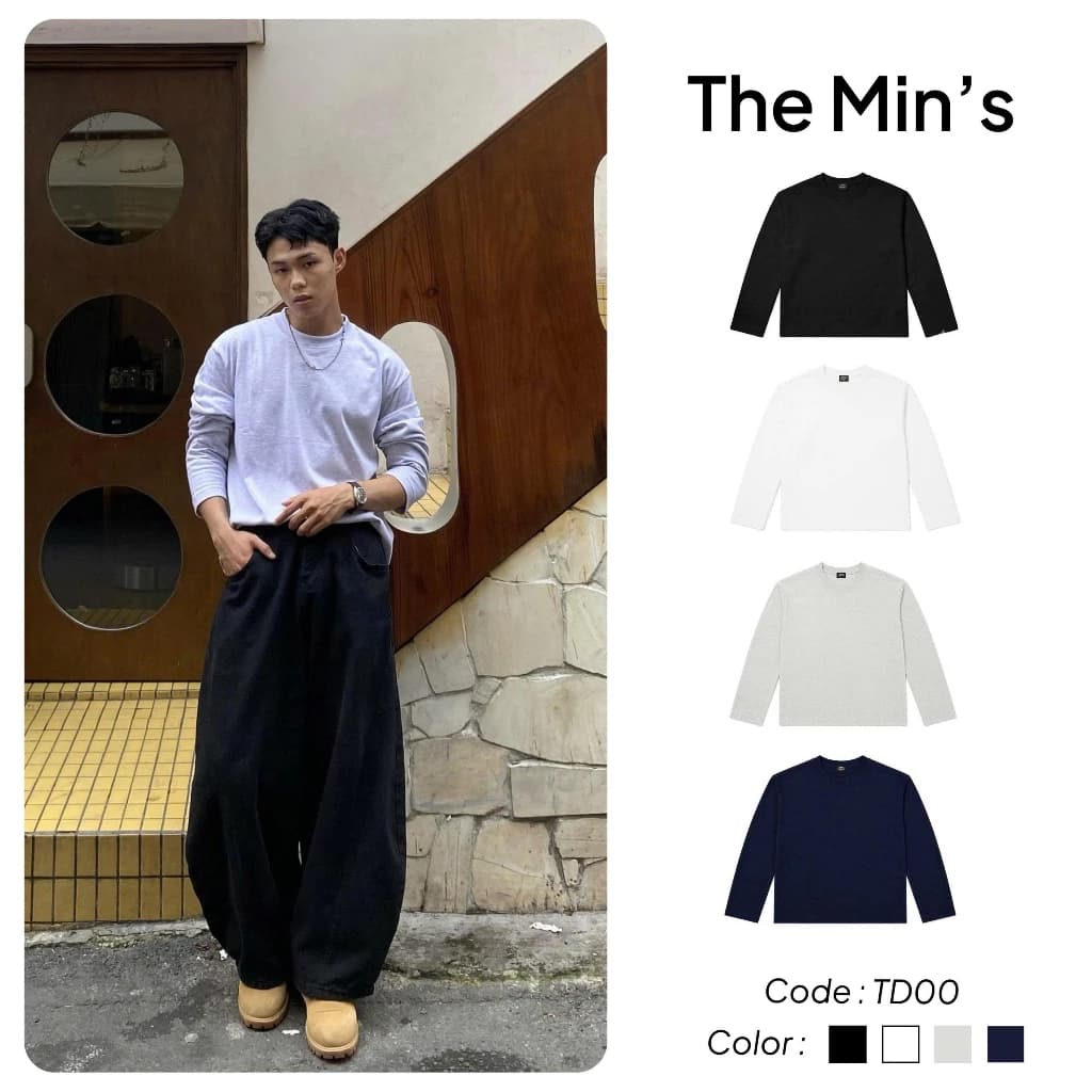 Áo Thun Trơn Dài Tay Form Boxy Themin's TD00 Áo Thun Unisex Vải Cotton 260gsm