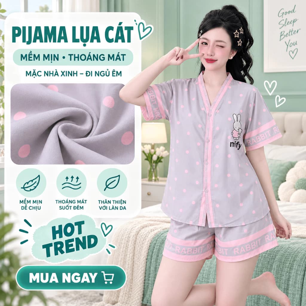 [HOT TREND] Bộ Đồ Ngủ Nữ Lụa Cát Áo Ngắn Tay Quần Đùi Cạp Chun Mềm Mát Pijama Mặc Nhà Xinh Xắn