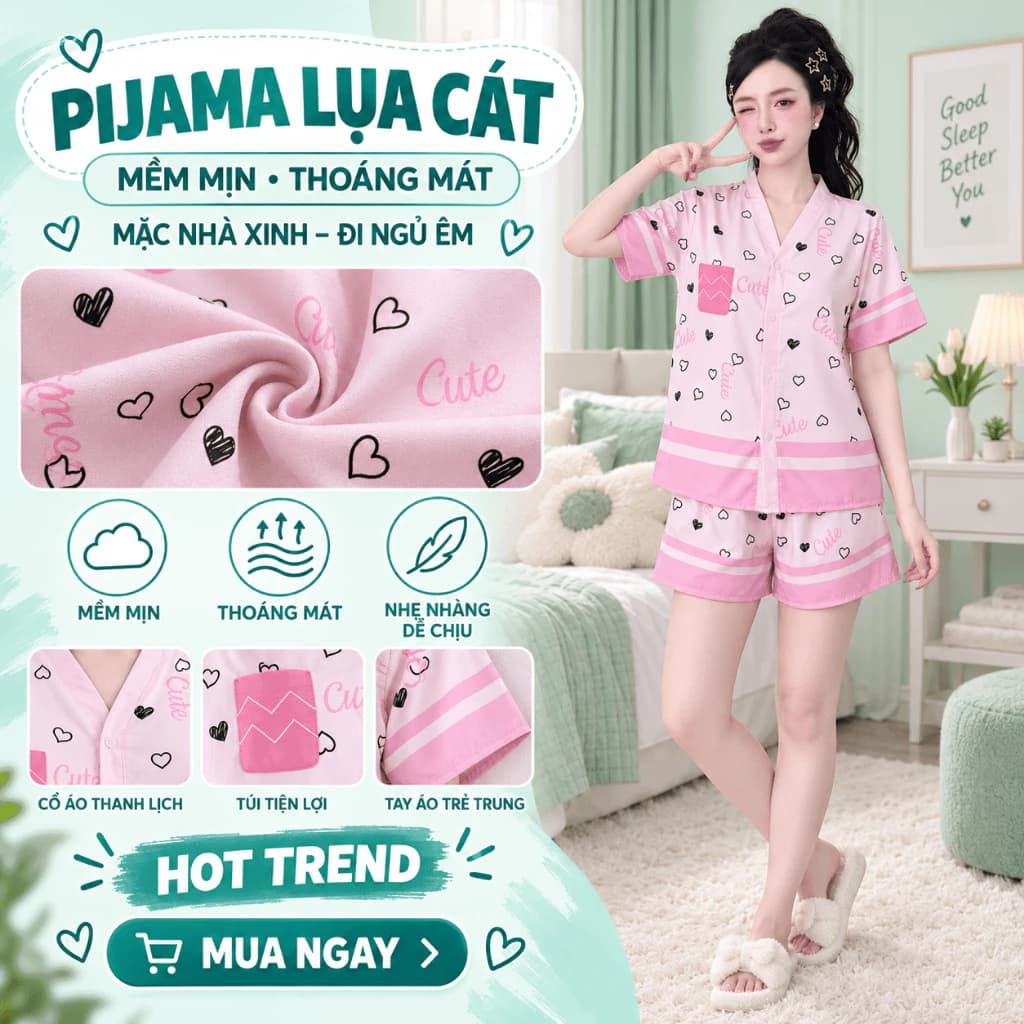 Set Đồ Ngủ Nữ Vải Lụa Cát Áo Cộc Quần Đùi Họa Tiết Hot Trend Mềm Nhẹ Mát Mẻ Mặc Nhà Siêu Xinh