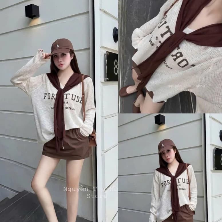 Set Bộ Đồ Nữ Áo Thun Giấy Trắng Dài Tay Cổ V Tim Kèm Khăn Nâu Mix Chân Váy Kaki Mềm Màu Nâu