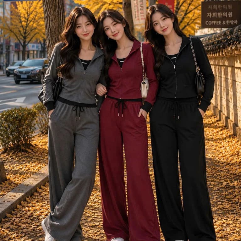 Set Bộ Đồ Nữ Len Tăm Lông Thỏ Trơn Áo Dài Tay Nhún Eo Phối Khóa Gọt Lệ Mix Quần Suông Dài Ống Rộng