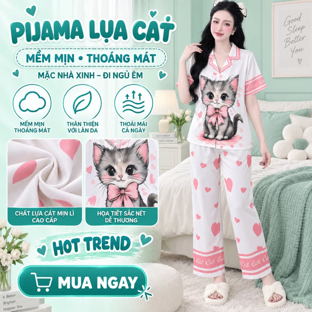 Bộ Pijama Nữ Lụa Cát Áo Tay Ngắn Quần Dài Cạp Chun Mặc Nhà Mềm Mịn Thoáng Mát Form Rộng Thanh Lịch