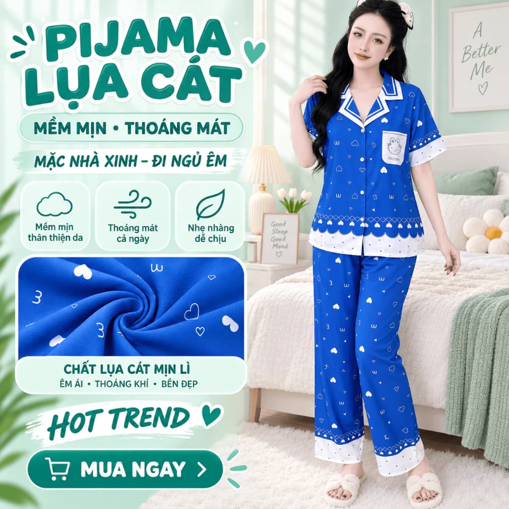 Set Đồ Bộ Nữ Mặc Nhà Lụa Cát Áo Cộc Tay Quần Dài Ống Rộng Mềm Mát Họa Tiết Trẻ Trung Sang Xinh