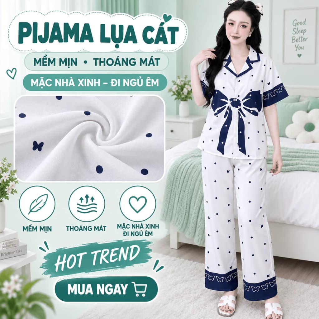 [HOT] Đồ Mặc Nhà Nữ Vải Lụa Cát Áo Tay Cộc Quần Dài Cạp Co Giãn Form Suông Mềm Nhẹ Thanh Lịch