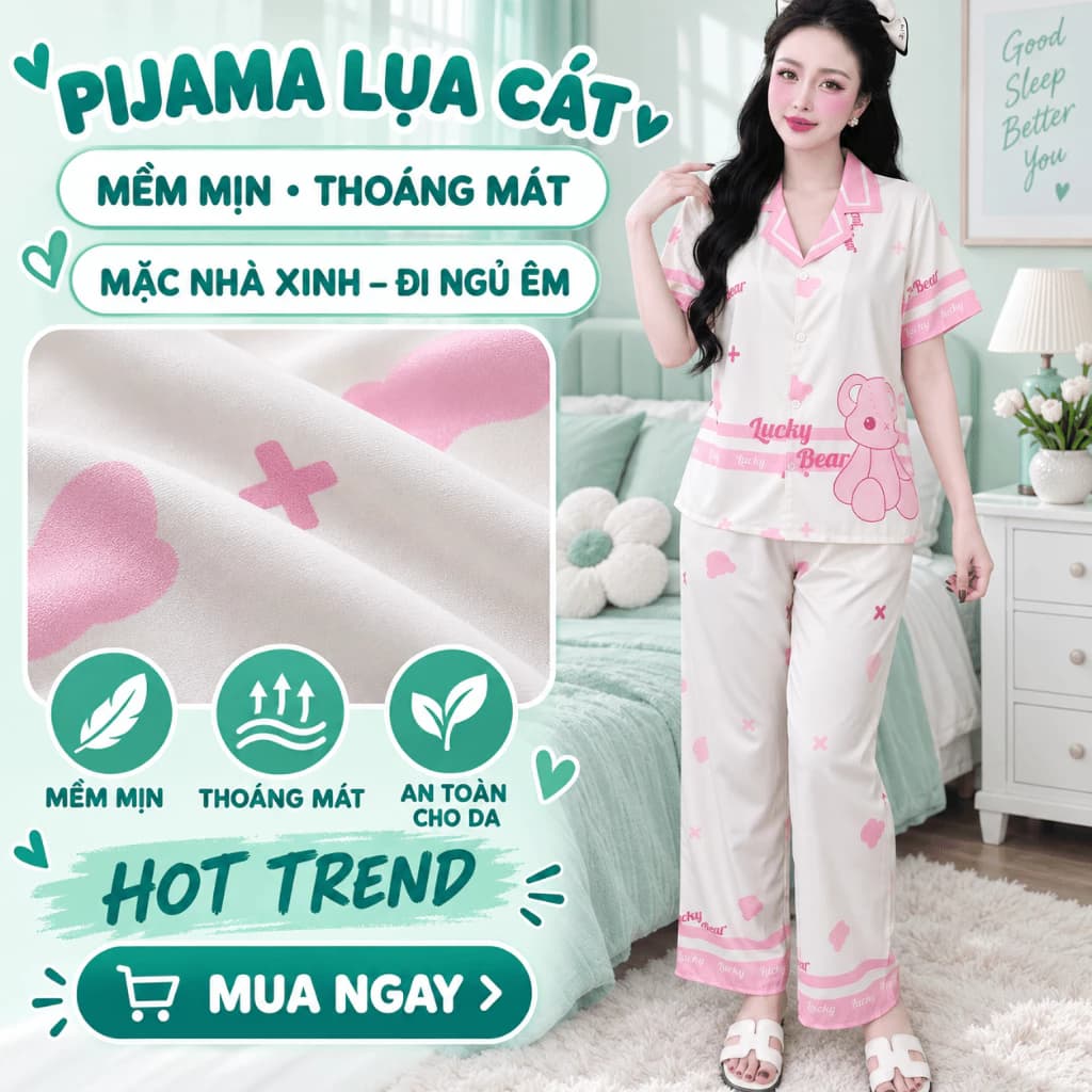 Bộ Mặc Nhà Lụa Thiết Kế 5D Công Nghệ Mới Tay Cộc Quần Dài Size 40-68kg