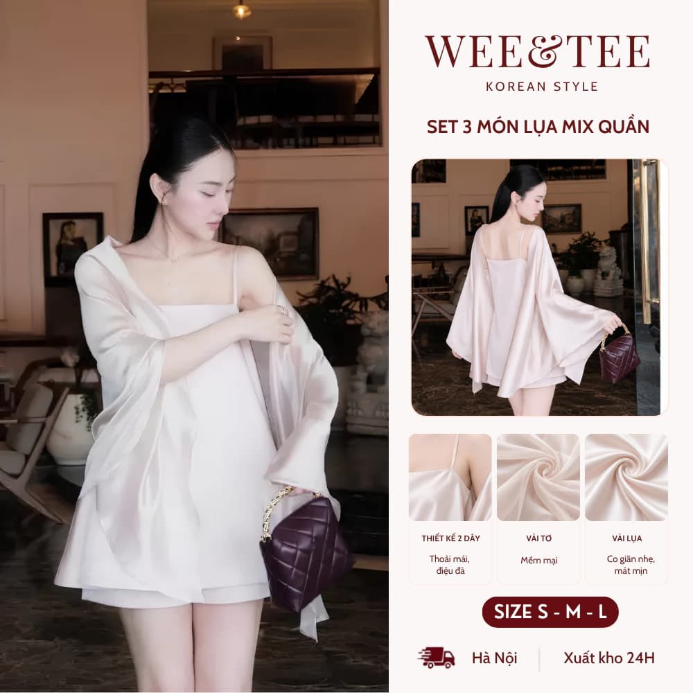 [VOUCHER GIẢM 20K] Set 3 Món Áo 2 Dây Mix Quần Sooc Chất Lụa Kèm Áo Choàng Tơ Thanh Lịch