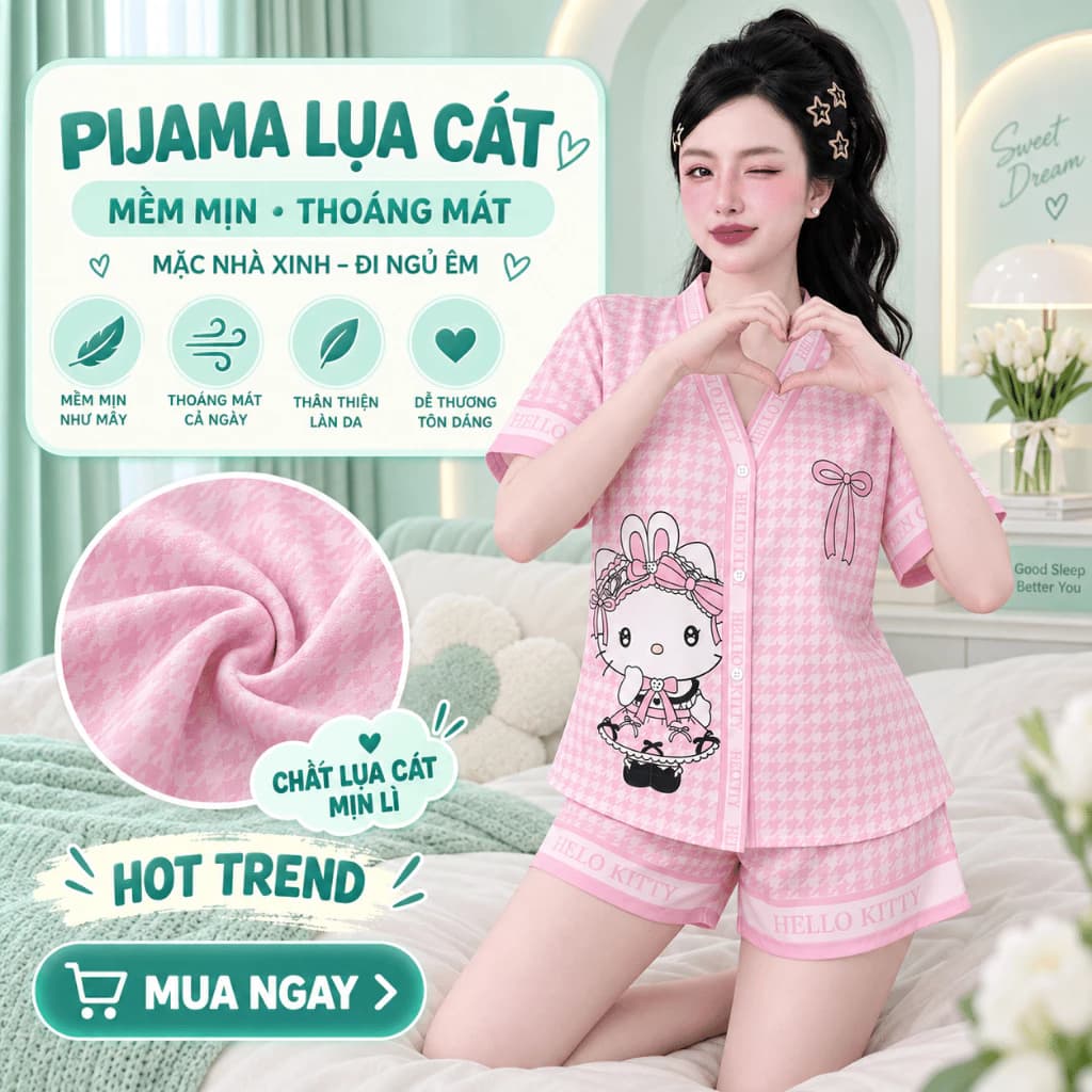 Bộ Pijama Lụa Họa Tiết Xinh Xắn Dễ Thương, Bộ Pijama Lụa Cát Tay Ngắn Quần Đùi In Hình 5D Hot 40-70KG