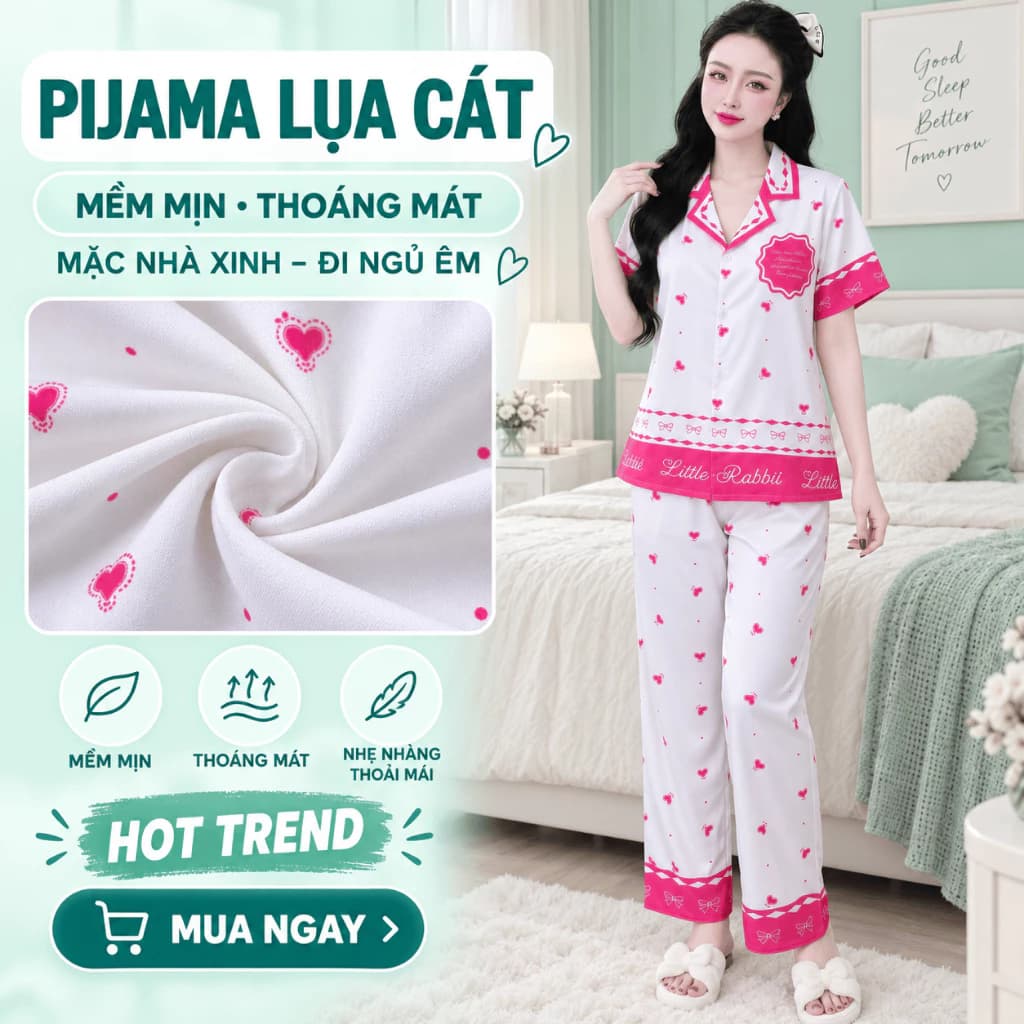 Bộ Lụa Tay Ngắn Quần Dài Mẫu Mới Họa Tiết Dễ Thương