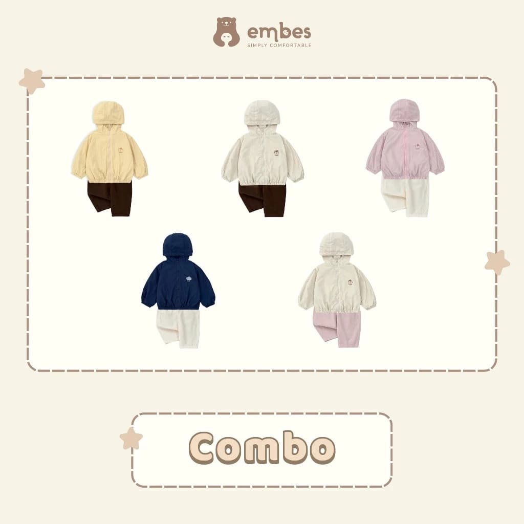 Combo Set Thu Đông Cho Bé Embes, Set Quần Áo Khoác Gió Họa Tiết Cho Bé Trai Bé Gái Size Từ 8-18Kg
