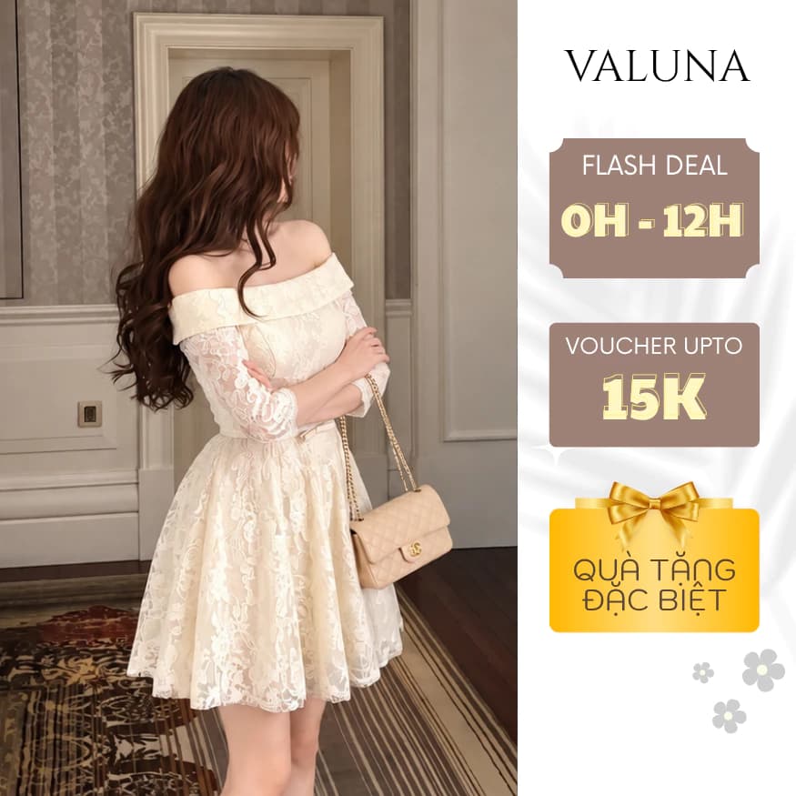 Váy ren nữ trễ vai tay lỡ dáng xòe chiết eo đầm ren hoa thanh lịch dự tiệc VALUNA STORE 2776