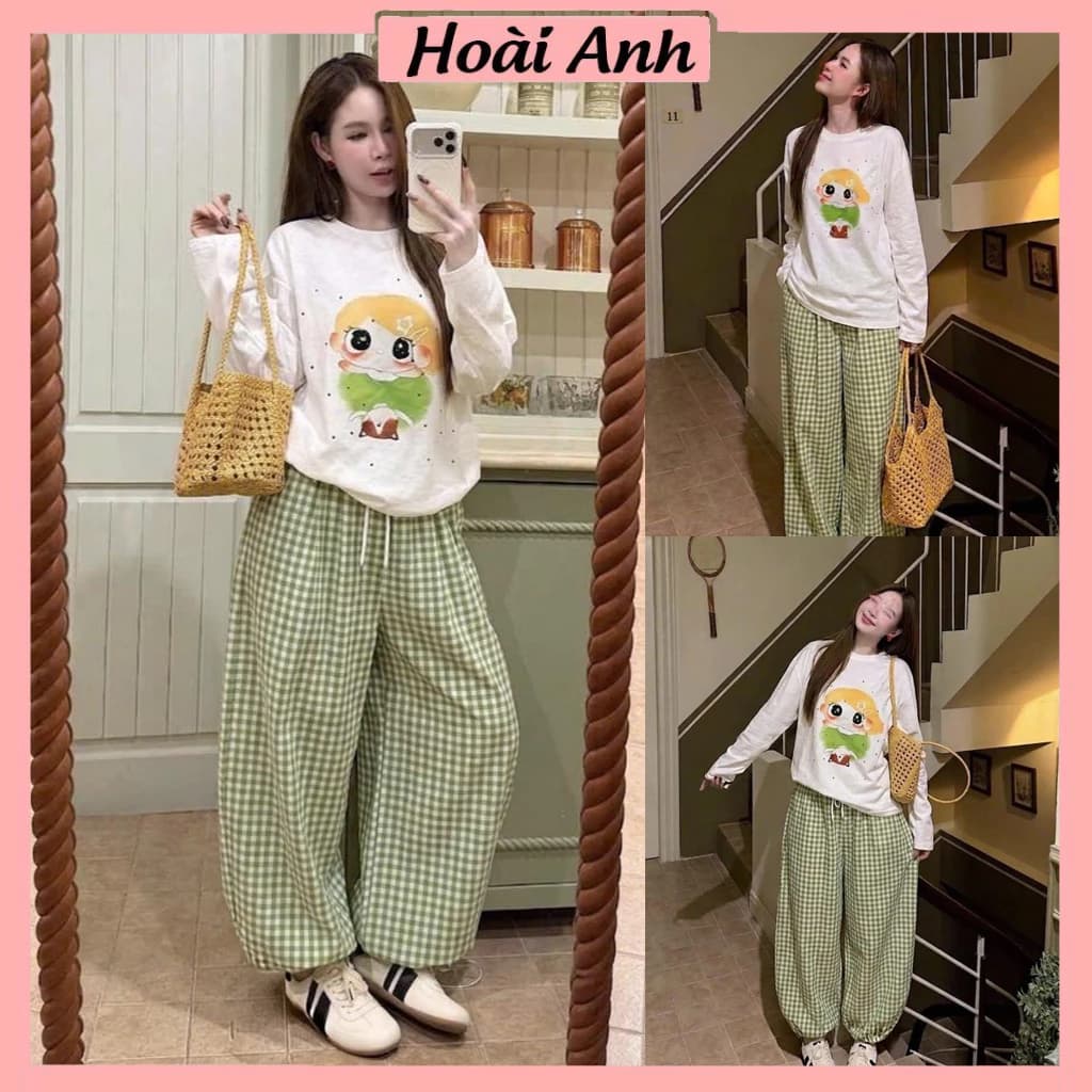 Set Bộ Đồ Nữ Áo Thun Giấy Trắng Dài Tay In Cô Bé Tóc Vàng Mix Quần Dài Kẻ Caro Xanh Lá Ống Rộng