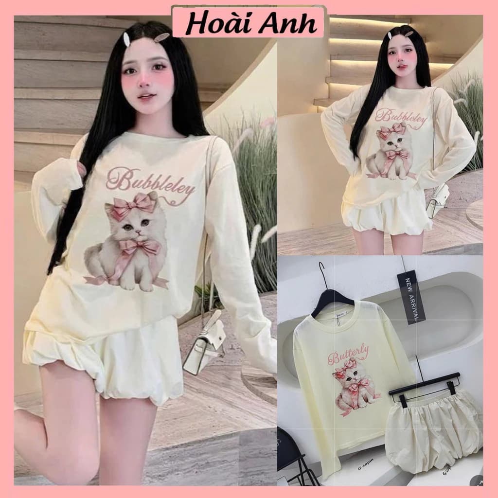 Set Bộ Đồ Nữ Áo Thun Giấy Màu Kem In Mèo Hồng Dài Tay Mix Quần Sooc Đùi Ống Phồng Bí 2 Lớp