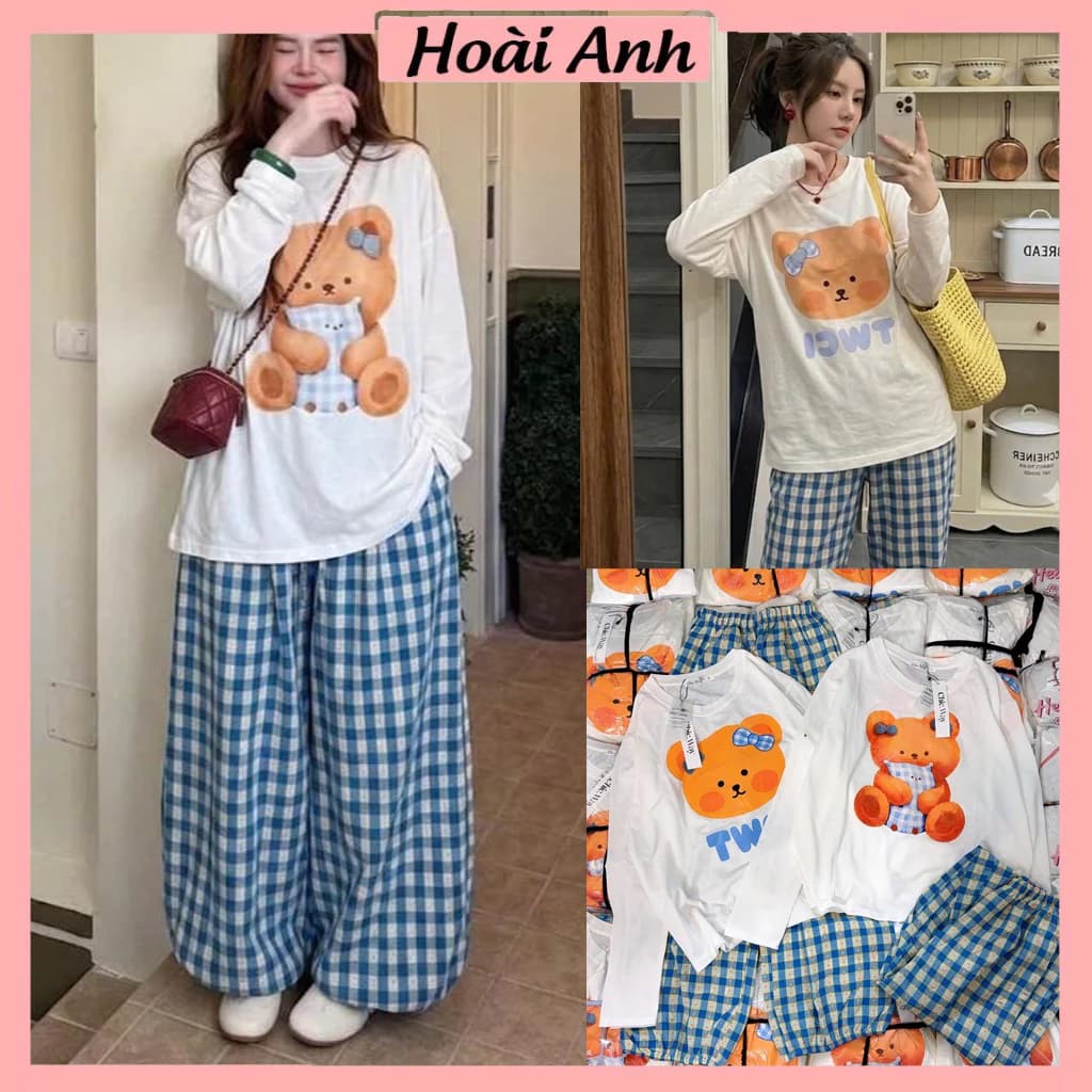 Set Bộ Đồ Nữ Áo Thun Giấy Trắng In Gấu Nâu 2 Nơ Dài Tay Mix Quần Thô Dài Kẻ Caro Xanh Dương Bông Hoa Ống Rộng