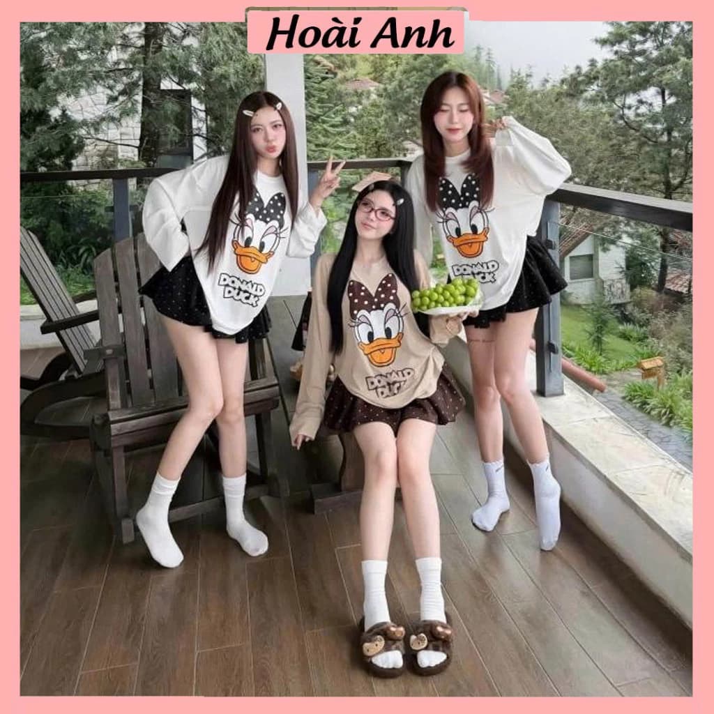 Set Bộ Đồ Nữ Áo Thun Giấy Dài Tay In Vịt Donal Duck Mix Chân Váy Xòe Chấm Bi Dáng Ngắn