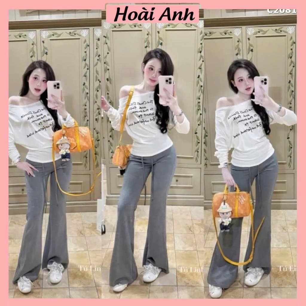 Set Bộ Đồ Nữ Áo Thun Giấy Mỏng Dài Tay In Chữ Mix Quần Zip Dáng Dài Ống Loe