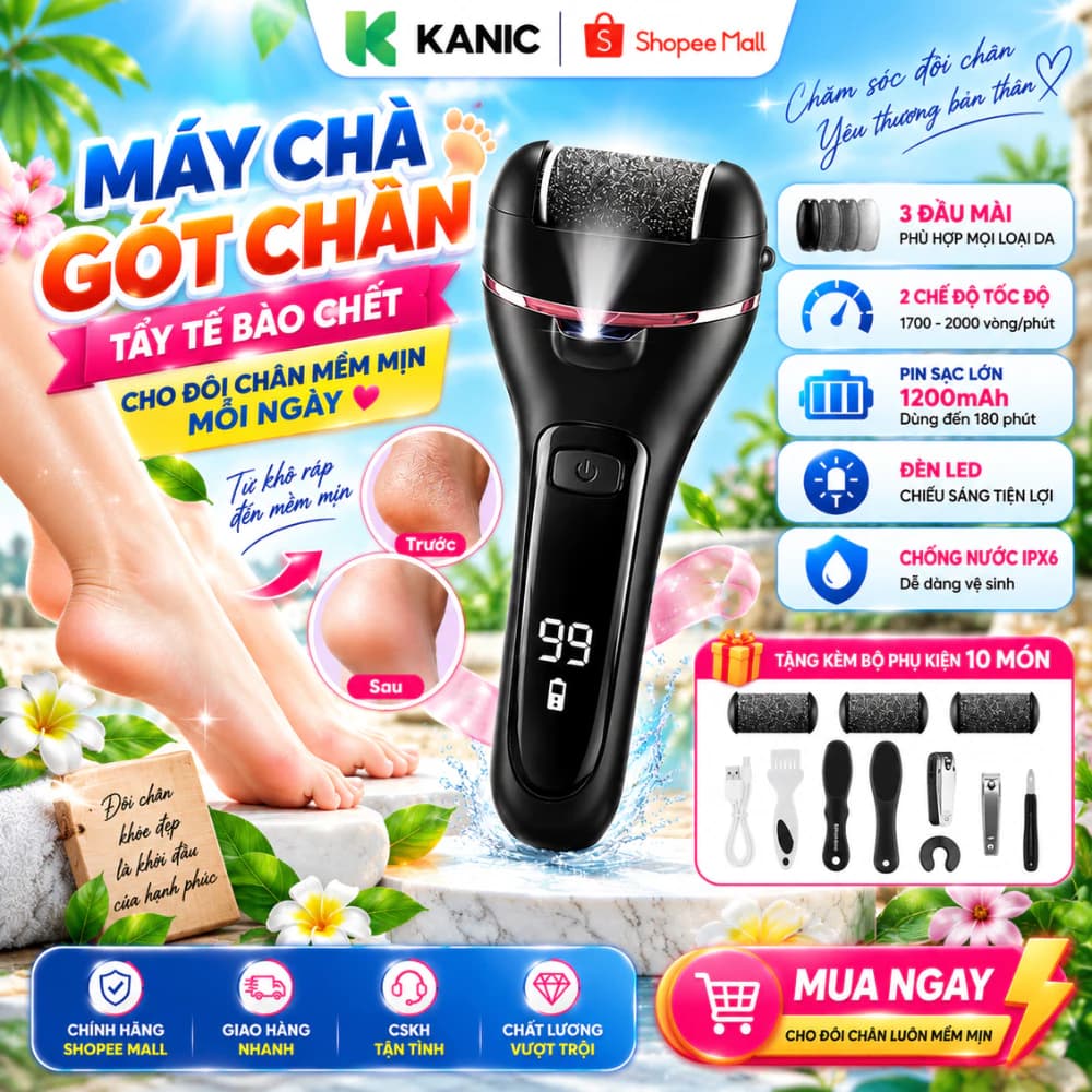 Máy chà gót chân tẩy tế bào chết 3 đầu mài 2 chế độ cao cấp, máy mài gót chân đa năng tặng kèm phụ kiện tiện lợi