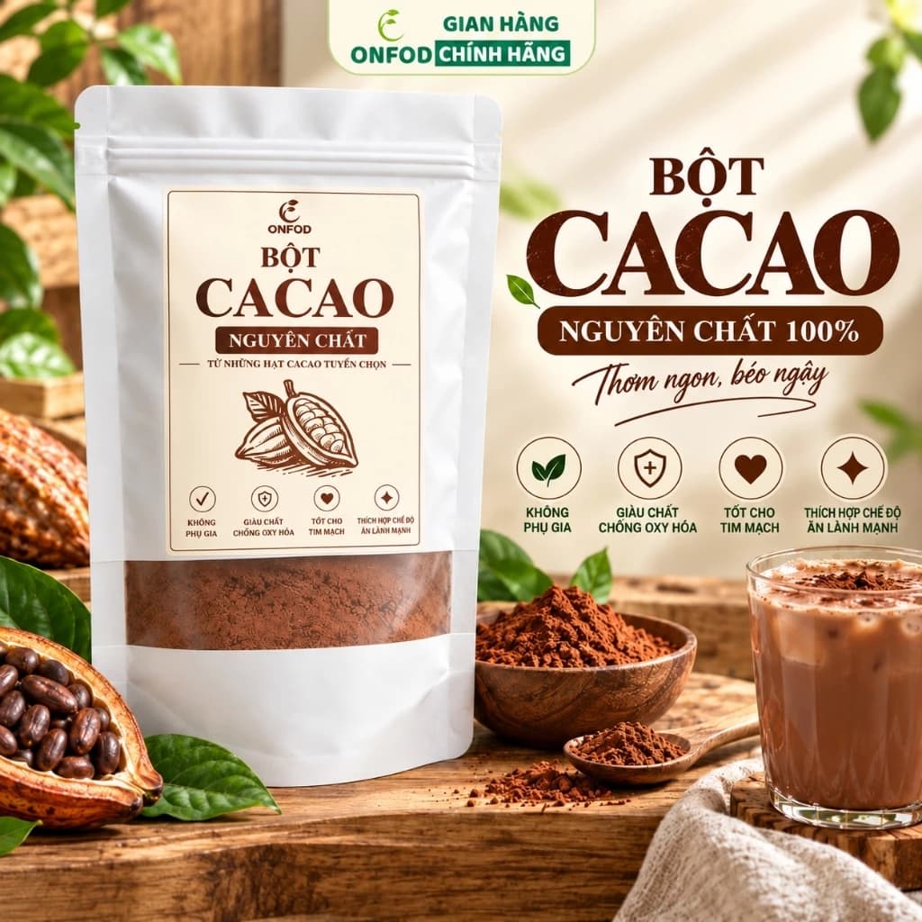 Bột Cacao nguyên chất không đường ONFOD, Bột Ca Cao làm bánh, chế biến đồ uống, xay sinh tố cacao Daklak
