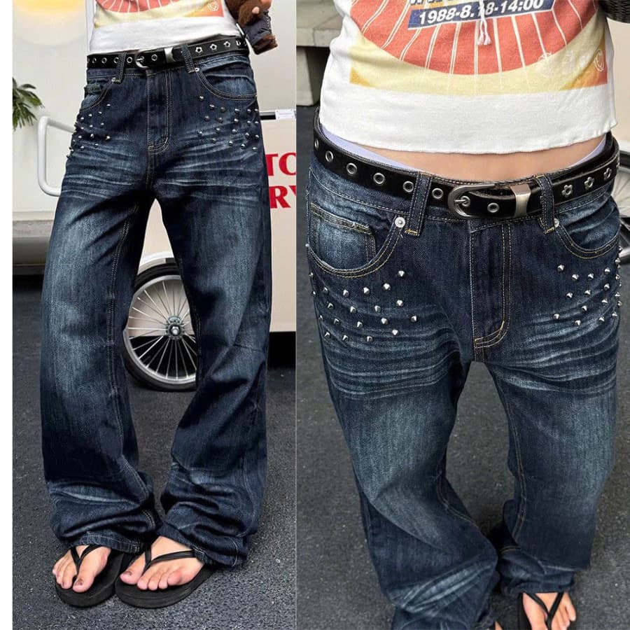 [DEAL MỞ BÁN] Quần Jean Baggy Đính Tán Bạc Vintage Unisex – Signature Metal Rush