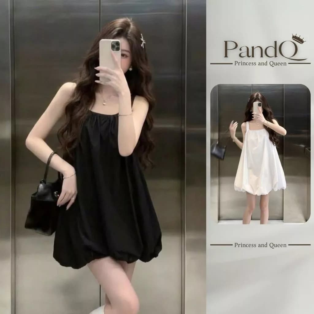 Váy Hai Dây Dáng Bí PandQ Đầm Babydoll Suông Bồng Bềnh Màu Đen Trắng Phong Cách Tiểu Thư Đáng Yêu | vd0147